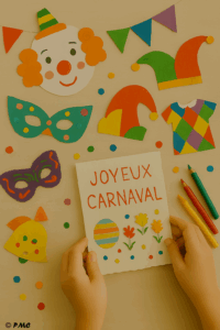 Bricolages de Carnaval réalisés par des enfants : carte “Joyeux Carnaval”, masques colorés, guirlande de fanions, chapeau de bouffon et décorations festives.