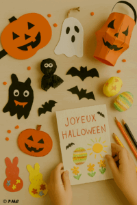 Bricolages d’Halloween réalisés par des enfants : carte “Joyeux Halloween”, masques en papier, petits monstres en feutrine, fantômes et décorations effrayantes.