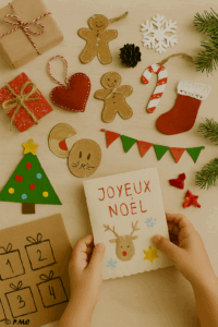 Bricolages de Noël réalisés par des enfants : carte faite main, décorations en feutrine, cadeaux emballés, calendrier de l’Avent et éléments naturels.
