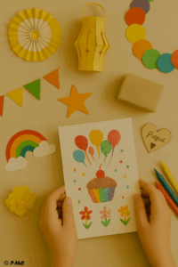 Bricolages pour les grandes fêtes de l’année : carte avec cupcake et ballons, lanternes en papier, guirlandes colorées, décorations festives et crayons.