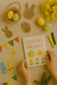 Bricolages de Pâques réalisés par des enfants : carte “Joyeuses Pâques”, œufs décorés, lapins en papier, guirlande colorée et panier garni.