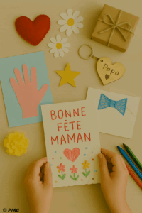 Bricolages pour la Fête des Mères et la Fête des Pères : cartes faites main, porte-clés en bois, fleurs en papier, cœurs cousus et dessins personnalisés.