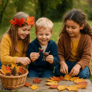 Trois enfants assis dehors en automne réalisent un bricolage avec des marrons, des feuilles et des éléments naturels