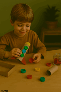 Petit garçon fabriquant une fusée avec des bouchons et du carton recyclé sur une table en bois, dans une activité de bricolage écologique.
