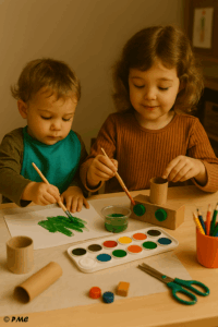 Deux jeunes enfants peignent ensemble à une table, guidés par leur grande sœur dans une activité créative organisée et joyeuse, avec pinceaux, peinture et matériel coloré.