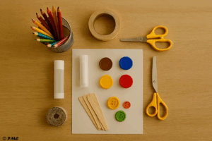 Fournitures créatives sur une table : crayons, ciseaux, colle, bouchons, boutons et bâtonnets en bois, disposés comme une boîte à outils pédagogique.