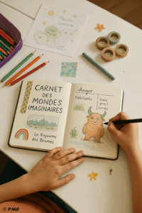 Un enfant dessine un personnage imaginaire dans un carnet décoré, entouré de crayons, papiers colorés et masking tape sur une table blanche.