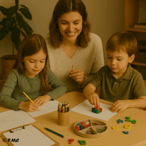 Une adulte accompagne deux enfants dans une activité créative à table, entre dessin, jeux éducatifs et moments de partage dans une ambiance douce et organisée.