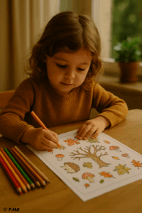 Petite fille coloriant une illustration d’automne avec des crayons de couleur sur une table en bois.