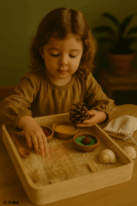 Petite fille explorant un plateau sensoriel avec du riz, des bols colorés, une pomme de pin et un coquillage dans une activité d’éveil tactile.