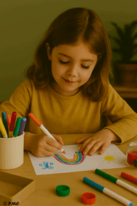 Petite fille dessinant un arc-en-ciel, un papillon et un soleil avec des feutres colorés sur une feuille blanche, assise à une table en bois.