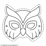 Gabarit de masque de chouette avec plumes et grands yeux à colorier et découper, format A4 pour enfant.