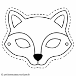 Gabarit de masque de renard avec oreilles pointues à colorier et découper, format A4 prêt à imprimer pour enfant.
