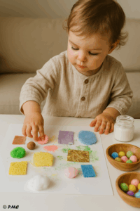Un jeune enfant concentré colle des éléments texturés colorés sur une feuille blanche, entouré de pompons, éponges et papier brillant, dans une pièce lumineuse.
