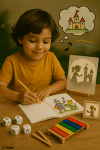 Enfant dessinant un chevalier et un dragon dans un livre fait main, entouré de dés à histoires et d’un théâtre d’ombres.