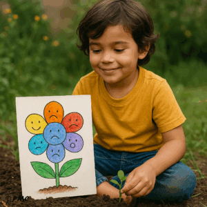 Enfant dans un jardin tenant une plante et observant une fleur des émotions dessinée avec des visages expressifs.