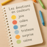 Dessin d’enfant représentant des émotions à travers des couleurs vives et des traits expressifs.
