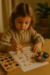 Petite fille manipulant des pompons colorés avec une pince en bois dans une activité de motricité fine sur une table en bois.