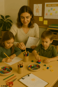 Une adulte organise du matériel créatif à une table avec deux enfants, dans un espace lumineux et structuré, propice à la préparation d’activités éducatives.