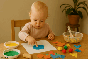 Un tout-petit concentré sur une activité sensorielle, utilisant ses doigts pour peindre sur une feuille, entouré de pompons, papiers colorés et riz teinté.