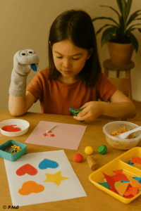 Une jeune fille découpe de la feutrine pour créer une marionnette en chaussette, entourée de collages, empreintes peintes et accessoires colorés.