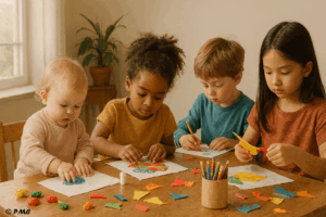Quatre enfants de différents âges et origines assis autour d’une table en bois, concentrés sur des activités manuelles avec de la pâte à modeler, du papier coloré, des crayons et des ciseaux, dans une pièce lumineuse et chaleureuse.