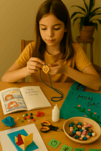 Une jeune fille fabrique un pendentif personnalisé, entourée d’un carnet illustré, d’un tote bag décoré, de perles colorées et d’un carnet d’écriture.