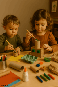 Deux jeunes enfants réalisent une activité de recyclage créatif à table, utilisant des matériaux récupérés comme des cartons, bouchons et tubes pour fabriquer un robot coloré.