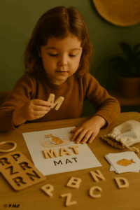 Petite fille manipulant des lettres en bois pour former un mot sur une carte illustrée, dans une activité d’éveil au langage.