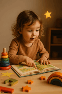 Petite fille concentrée sur un livre illustré, entourée de jouets éducatifs en bois sur une table, dans une ambiance chaleureuse et créative.