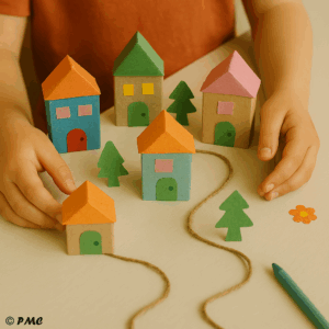 Des mains d’enfant créent un village miniature avec des maisons en carton décorées de gommettes, bouchons et papiers colorés sur une table en bois clair.