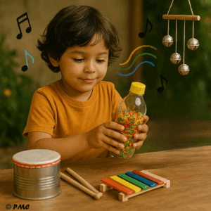 Enfant fabriquant une maracas maison, entouré d’instruments créatifs : tambour, xylophone coloré et carillon suspendu.