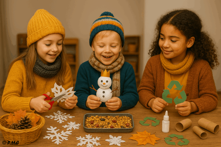 Trois enfants souriants fabriquent des décorations d’hiver à une table, découpant des flocons en papier, tenant un petit bonhomme de neige artisanal et un symbole de recyclage.