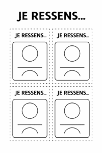 Illustration en noir et blanc de quatre cartes à compléter avec la phrase “Je ressens…”, un pictogramme vide et un espace pour écrire ou dessiner, disposées en grille.