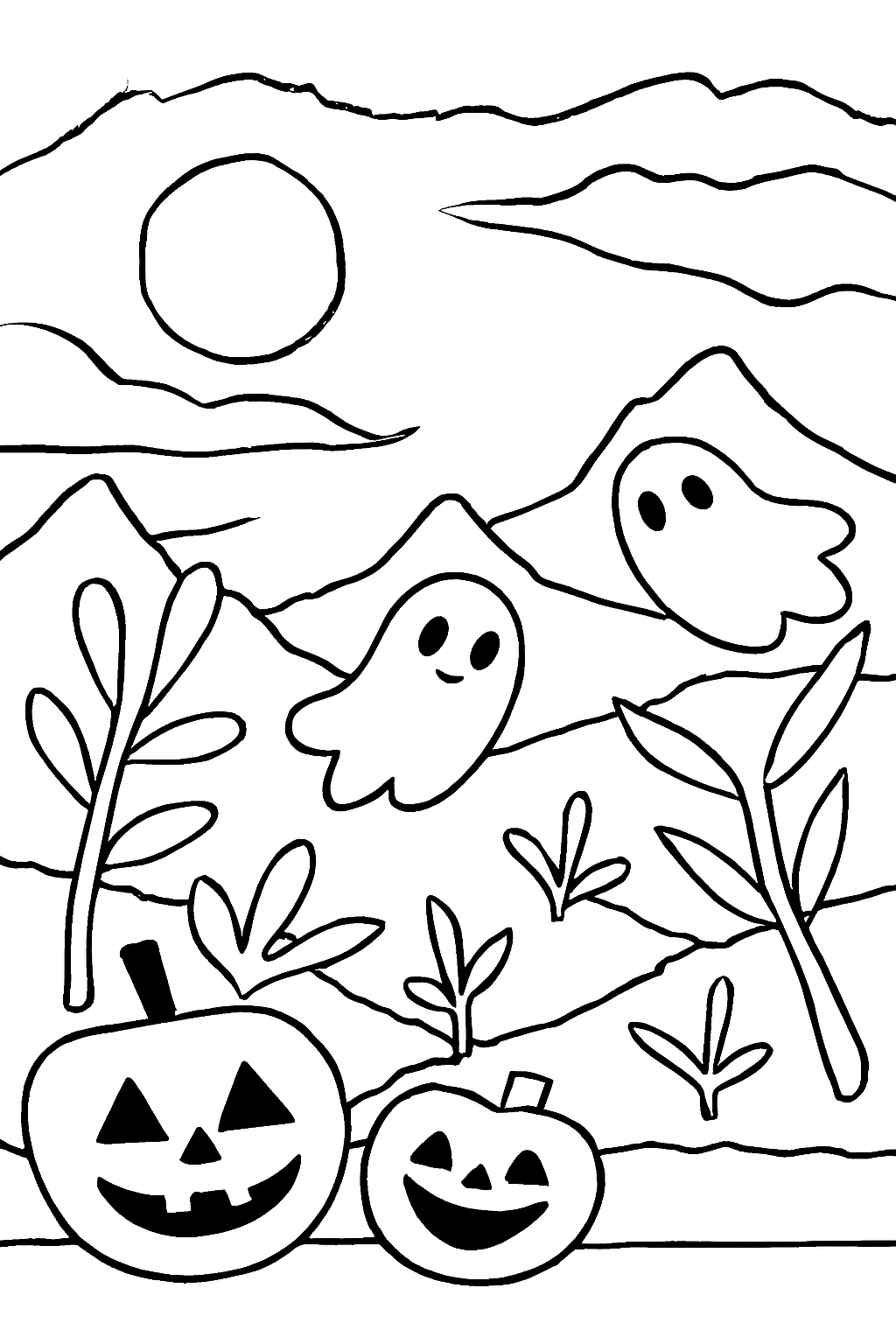 Coloriage scène montagne et citrouilles