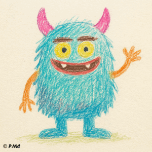 Dessin enfantin d’un monstre coloré et souriant réalisé aux crayons de couleur