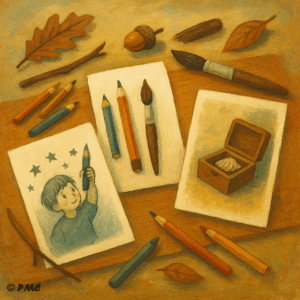 Illustration artistique représentant trois défis créatifs pour enfants : un enfant qui dessine sous les étoiles, des outils de dessin, et une boîte contenant un coquillage, entourés d’éléments naturels d’automne.