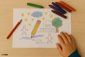 Dessin d’un enfant représentant un crayon magique dessinant seul dans une cour d’école, entouré de personnages, étoiles et nuages