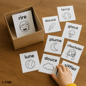 Une activité douce et sensorielle pour jouer avec les sons, les émotions et les mots. À travers des gestes simples et des cartes illustrées.