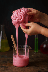 Deux mains tiennent un slime rose nacré à l’aspect de cerveau mutant, dégoulinant depuis un bécher en verre posé sur une table de laboratoire rustique. Autour, des fioles colorées évoquent une expérience sensorielle et étrange.