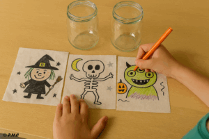 Mains d’un enfant dessinant des personnages d’Halloween sur du papier calque pour un bricolage