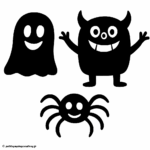 Silhouettes noires d’un fantôme souriant, d’un monstre à trois yeux et d’une araignée rigolote à huit pattes, sur fond blanc.
