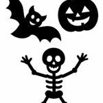 Silhouettes noires d’une chauve-souris aux ailes déployées, d’une citrouille farceuse et d’un squelette joyeux, sur fond blanc.