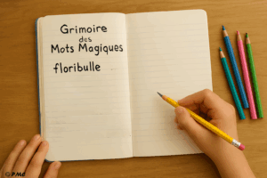 Carnet ouvert avec le titre “Grimoire des Mots Magiques”, un mot inventé illustré et défini, entouré de crayons de couleur et les mains d’un enfant en train d’écrire.