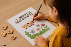 Enfant manipulant des lettres en bois pour composer un mot dans une activité d’éveil au langage