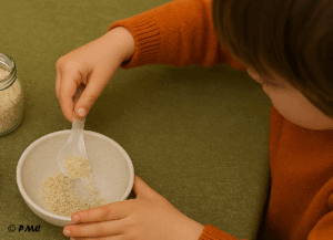Mains d’un jeune enfant en train de transvaser du riz avec une cuillère dans un petit bol, dans le cadre d’une activité sensorielle calme.