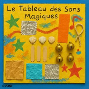Tableau sensoriel et musical réalisé par des enfants, avec collage de matériaux variés sur fond coloré : aluminium, tissu, coquillages, grelots, papier froissé et décorations peintes.