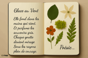 Page de carnet ouverte avec un poème manuscrit en français à gauche et une composition artistique de feuilles et fleurs séchées à droite.