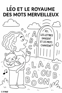 Illustration en noir et blanc de Léo et son chat devant une porte magique avec des lettres flottantes