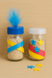 Enfant concentré fabriquant une maraca avec du riz, du scotch coloré et une plume bleue sur une table en bois clair.